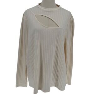COMO BLU‎ Women's 1X Cream Ribbed Cutout Mock Neck Long Sleeve Top Shirt
